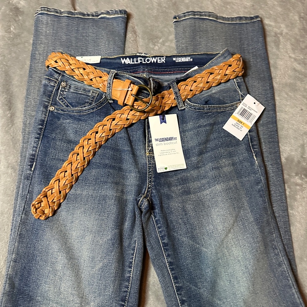 Wallflower Women's Denim Jeans with Woven Tan Belt